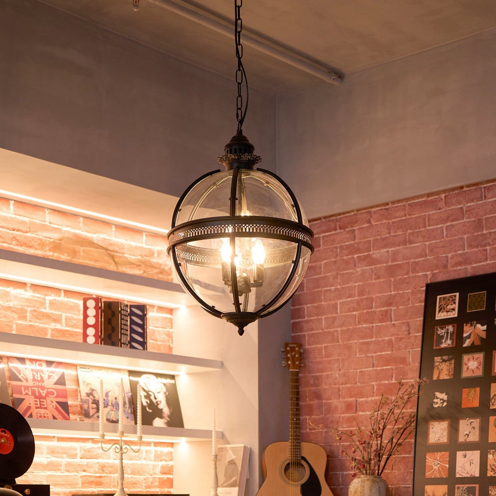 Antique Rust Frame Glass Globe Pendant Light With Clear Globe For Interior Decoration