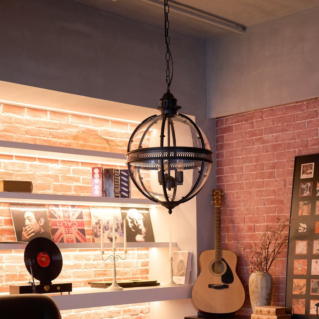 Antique Rust Frame Glass Globe Pendant Light With Clear Globe For Interior Decoration