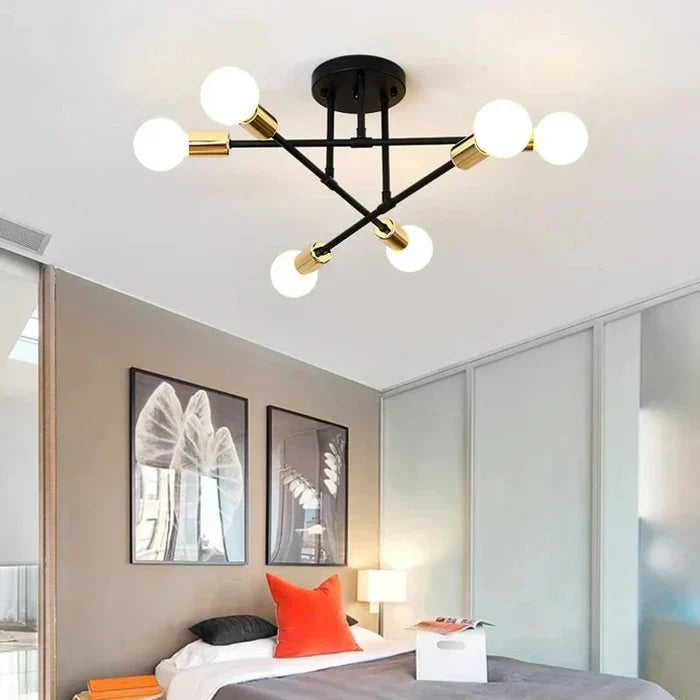 Arcus Industrial Geometric Ceiling Chandelier With Six Round Lights, Matte Black Frame, Gold Detailing