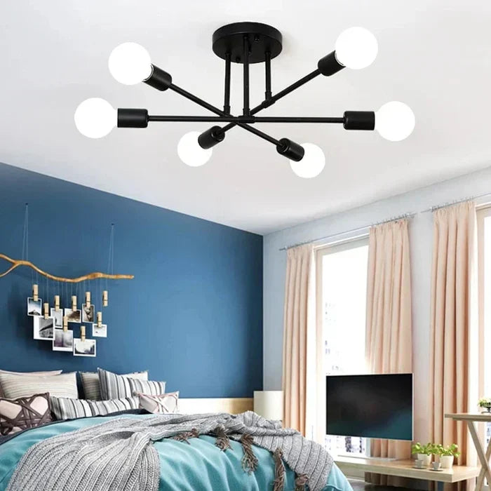 Arcus Industrial Geometric Ceiling Chandelier With Six Round Lights, Matte Black Frame, Gold Detailing