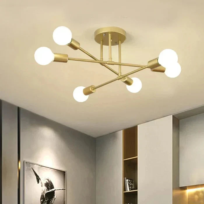 Arcus Industrial Geometric Ceiling Chandelier With Six Round Lights, Matte Black Frame, Gold Detailing