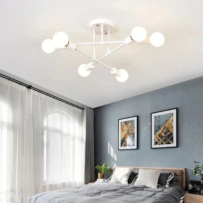 Arcus Industrial Geometric Ceiling Chandelier With Six Round Lights, Matte Black Frame, Gold Detailing