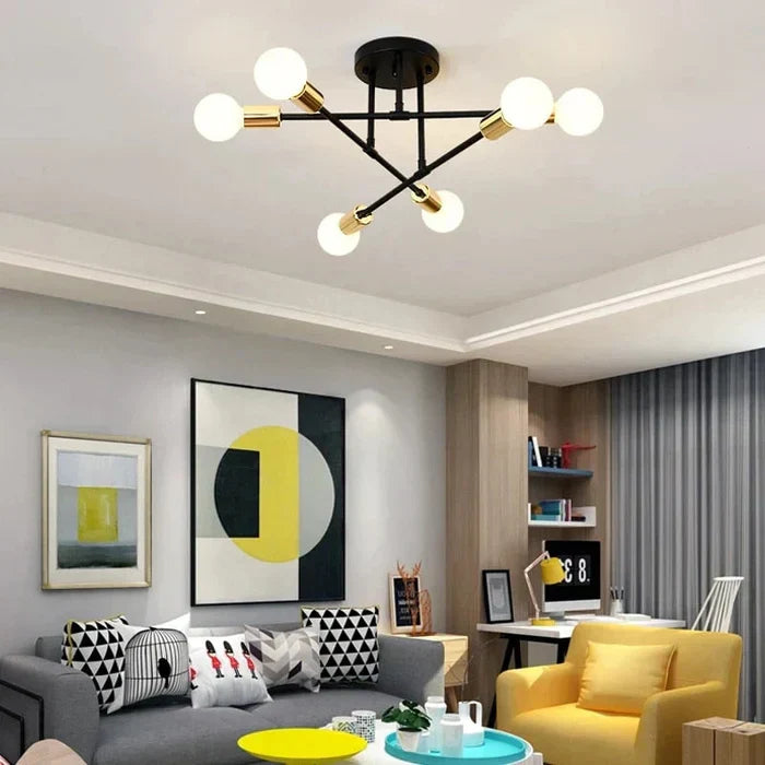 Arcus Industrial Geometric Ceiling Chandelier With Six Round Lights, Matte Black Frame, Gold Detailing