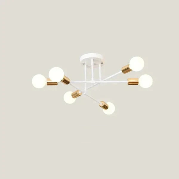 Arcus Industrial Geometric Ceiling Chandelier With Six Round Lights, Matte Black Frame, Gold Detailing